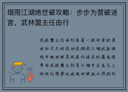 烟雨江湖绝世破攻略：步步为营破迷宫，武林盟主任由行